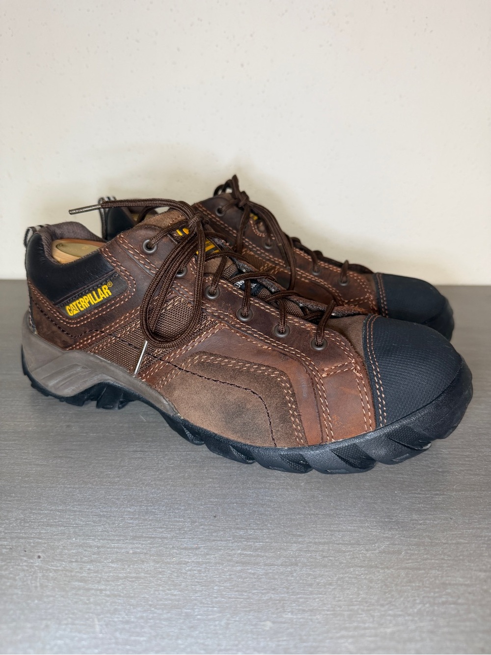 Caterpillar Brown Leather Low-Profile Work Boots with Black Toe Caps
